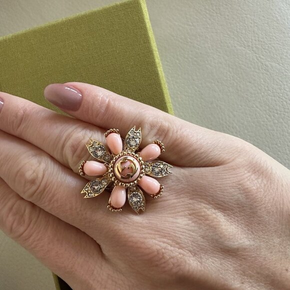 New Gucci RING FLOWER CRYSTAL GG SIZE XS GOLDEN Pink - Picture 5 of 8